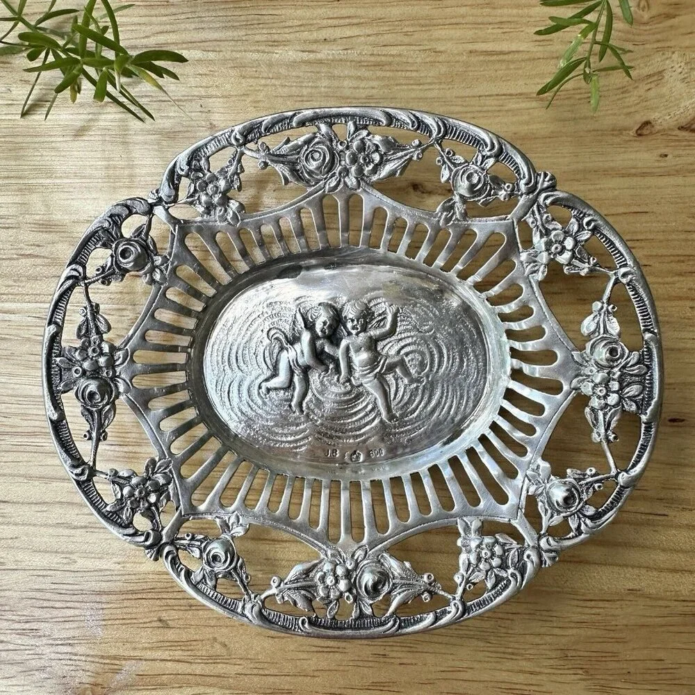 Antique 4 Inch Trinket Dish Flowers Cherubs 800 Fine Silver John Betjemann 38.1g